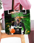 Personalized Milwaukee Pugs tote bag with a custom pet portrait of a dog in a basketball uniform.