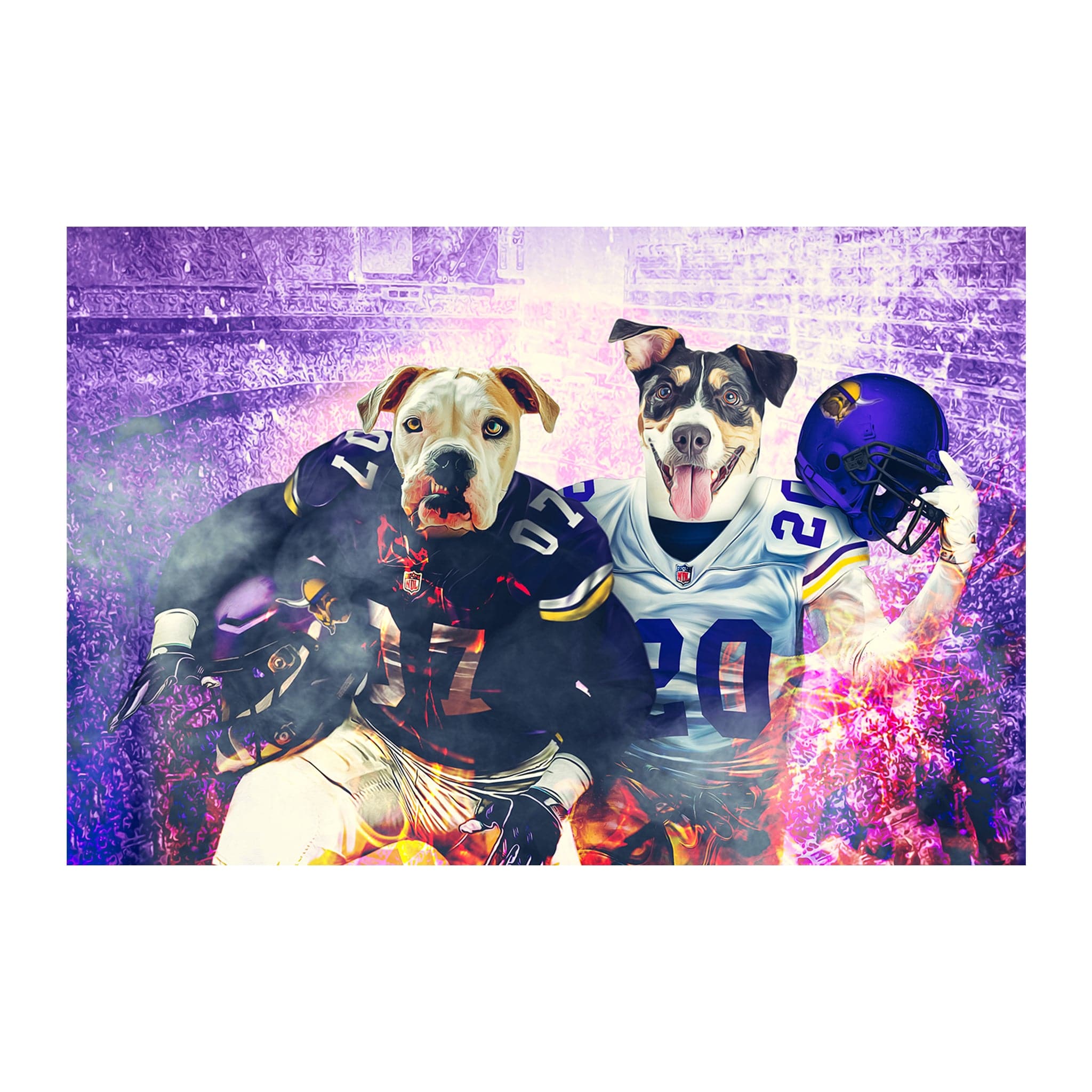 Custom digital portrait of two dogs in Minnesota Vikings football jerseys.
