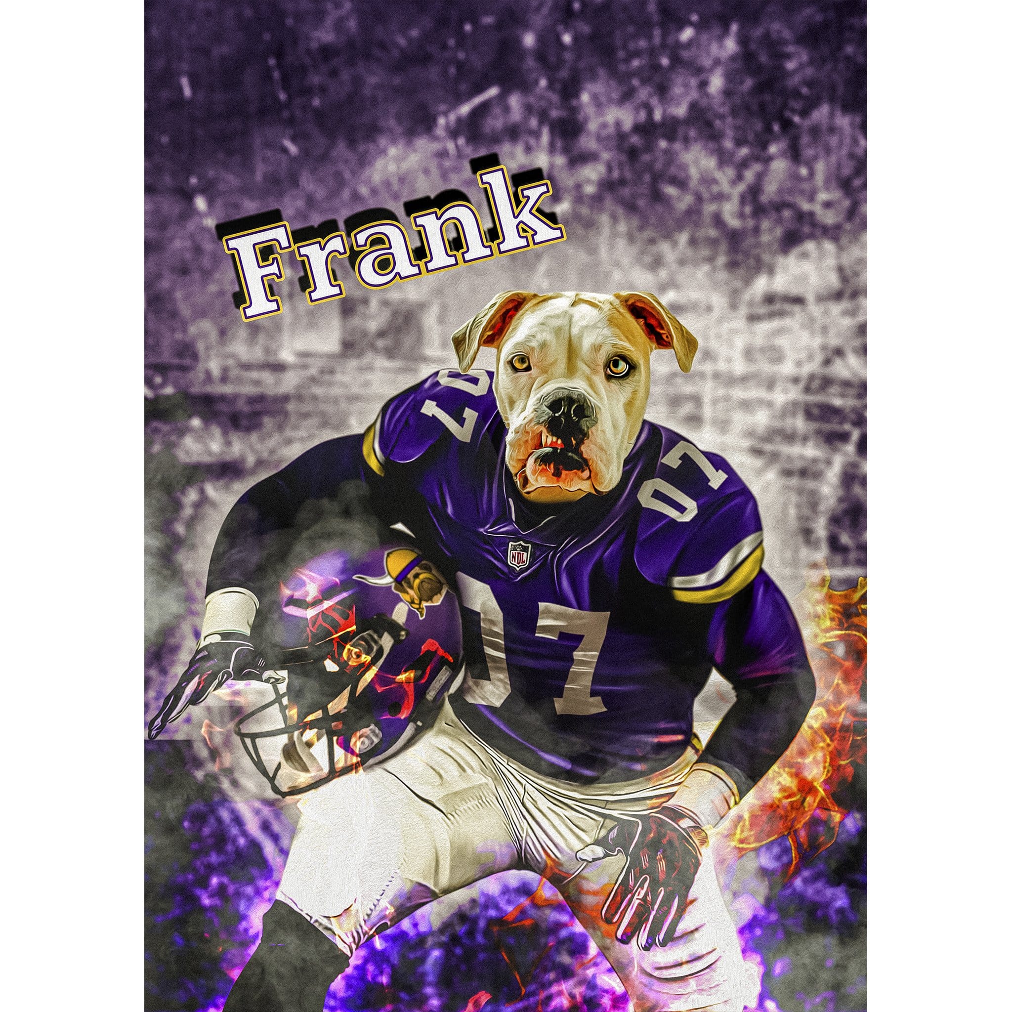 Personalized digital portrait of a dog in a purple Minnesota Vikings football uniform.