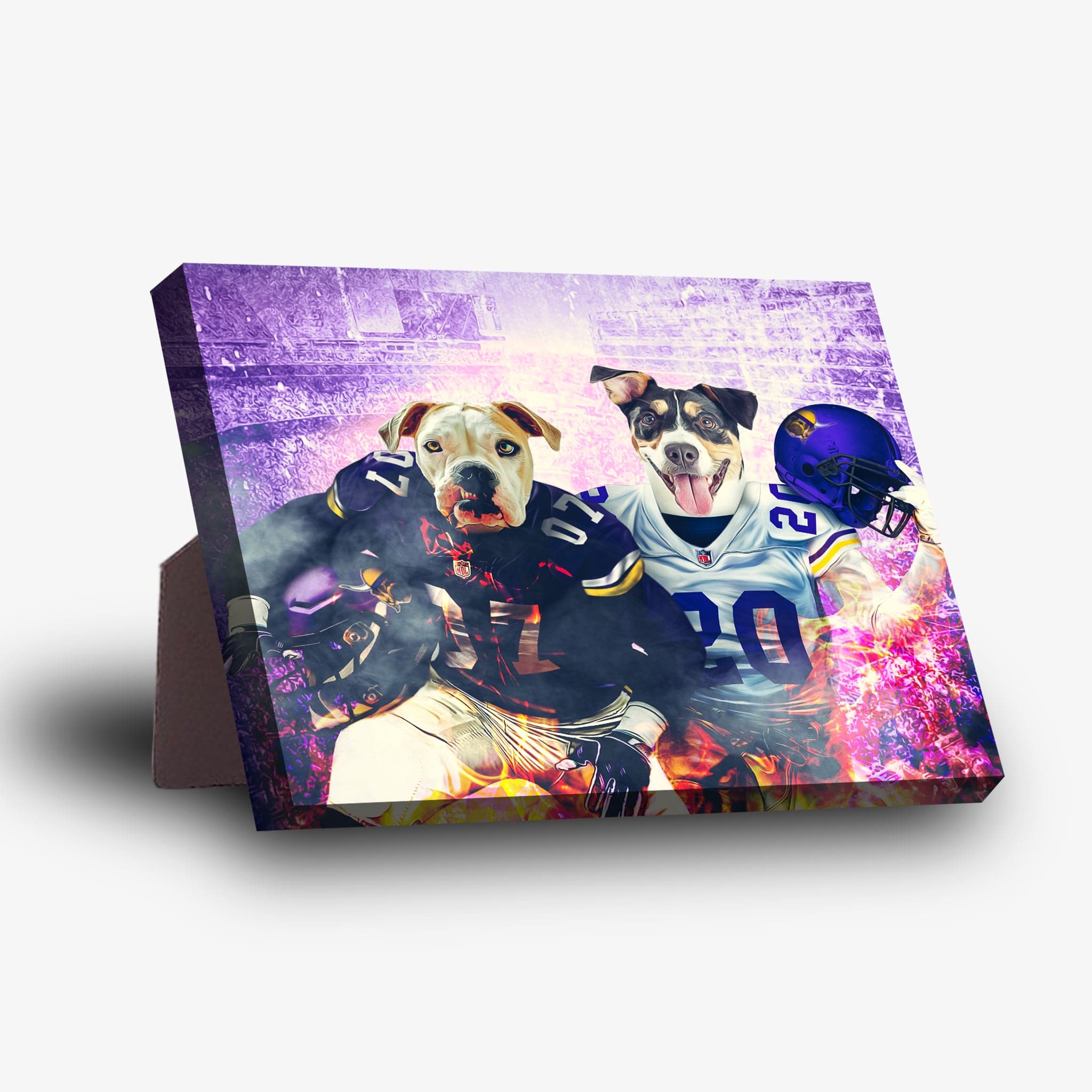 Personalized canvas featuring two dogs in Minnesota Vikings football jerseys with a purple, distressed background.
