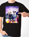 Black Gildan t-shirt with two personalized dogs in football jerseys and helmets, a hand points to the design.