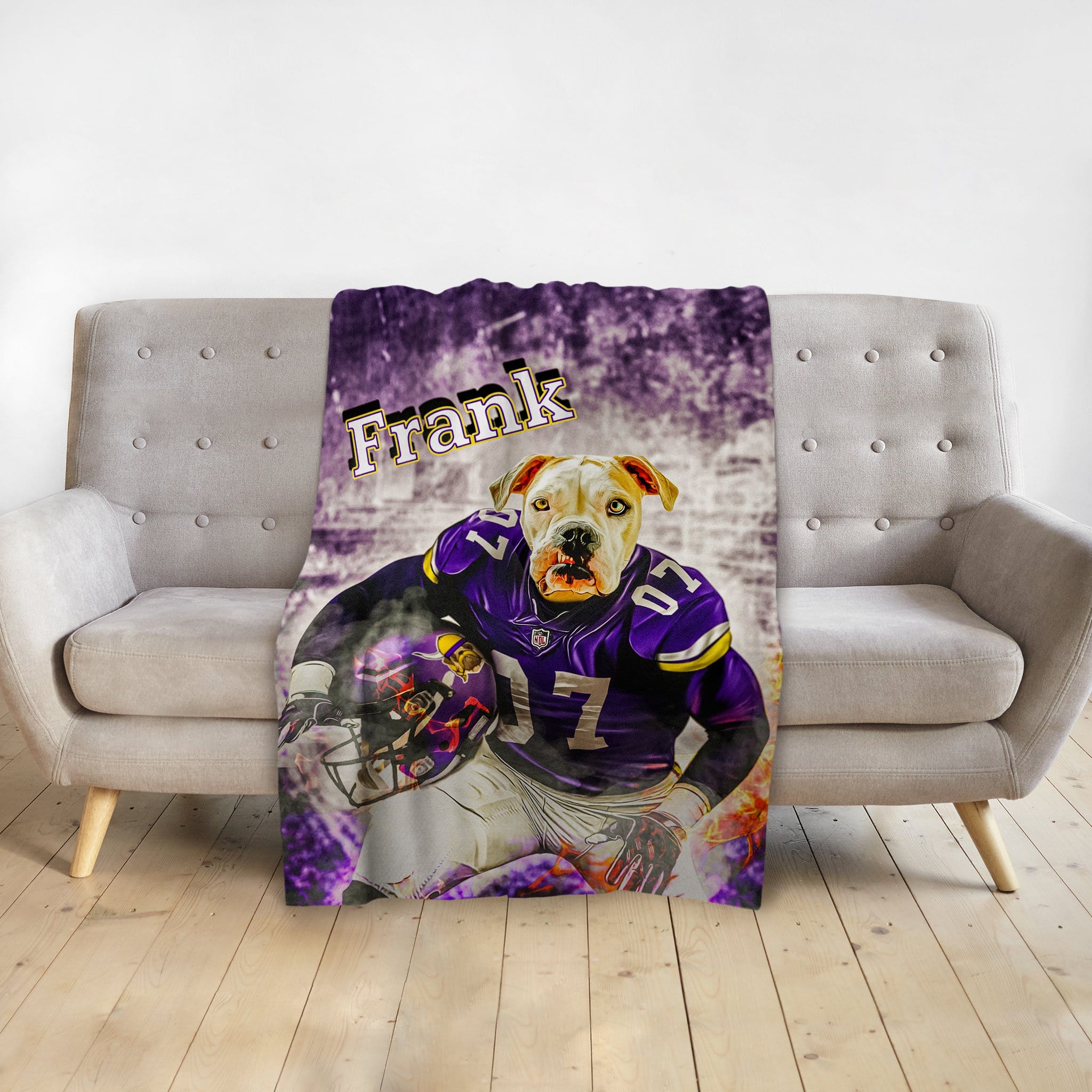 Personalized pet blanket with a Doggovinci portrait of a bulldog in a purple football uniform, named Frank.