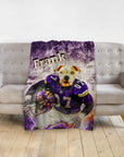 Personalized pet blanket with a Doggovinci portrait of a bulldog in a purple football uniform, named Frank.
