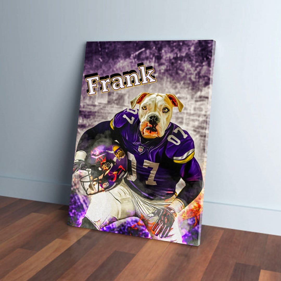 Personalized pet canvas featuring a bulldog's head on a football player's body in a purple Vikings jersey, named "Frank".