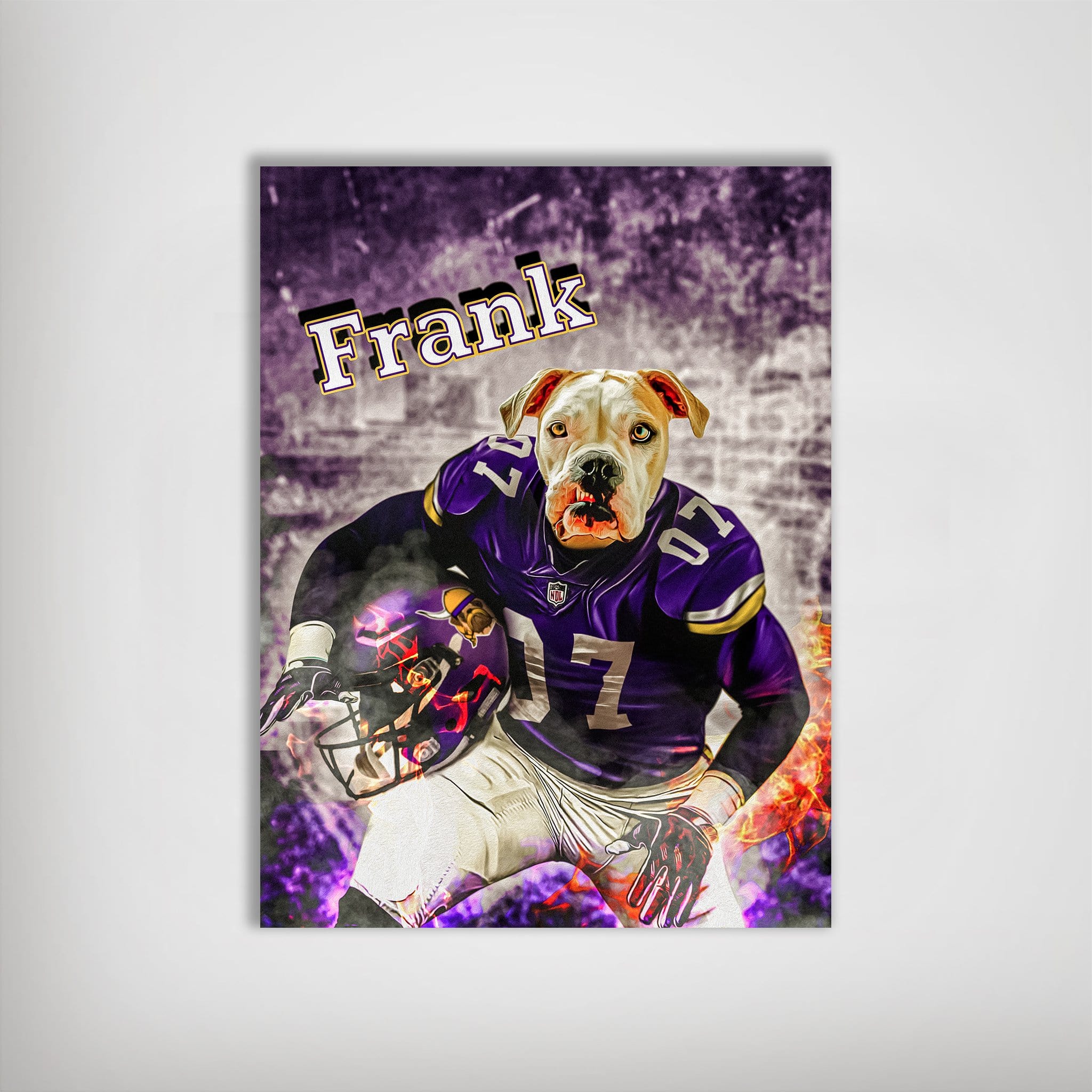 Personalized "Minnesota Doggos" pet poster featuring a bulldog in a purple football uniform, holding a helmet, with "Frank" at the top.