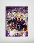 Personalized "Minnesota Doggos" pet poster featuring a bulldog in a purple football uniform, holding a helmet, with "Frank" at the top.
