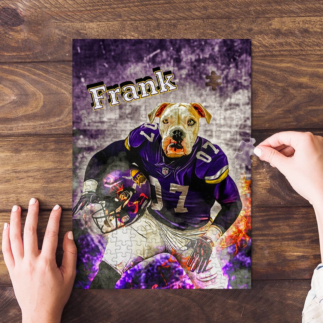 Personalized pet puzzle featuring a bulldog in a purple football uniform, holding a helmet.