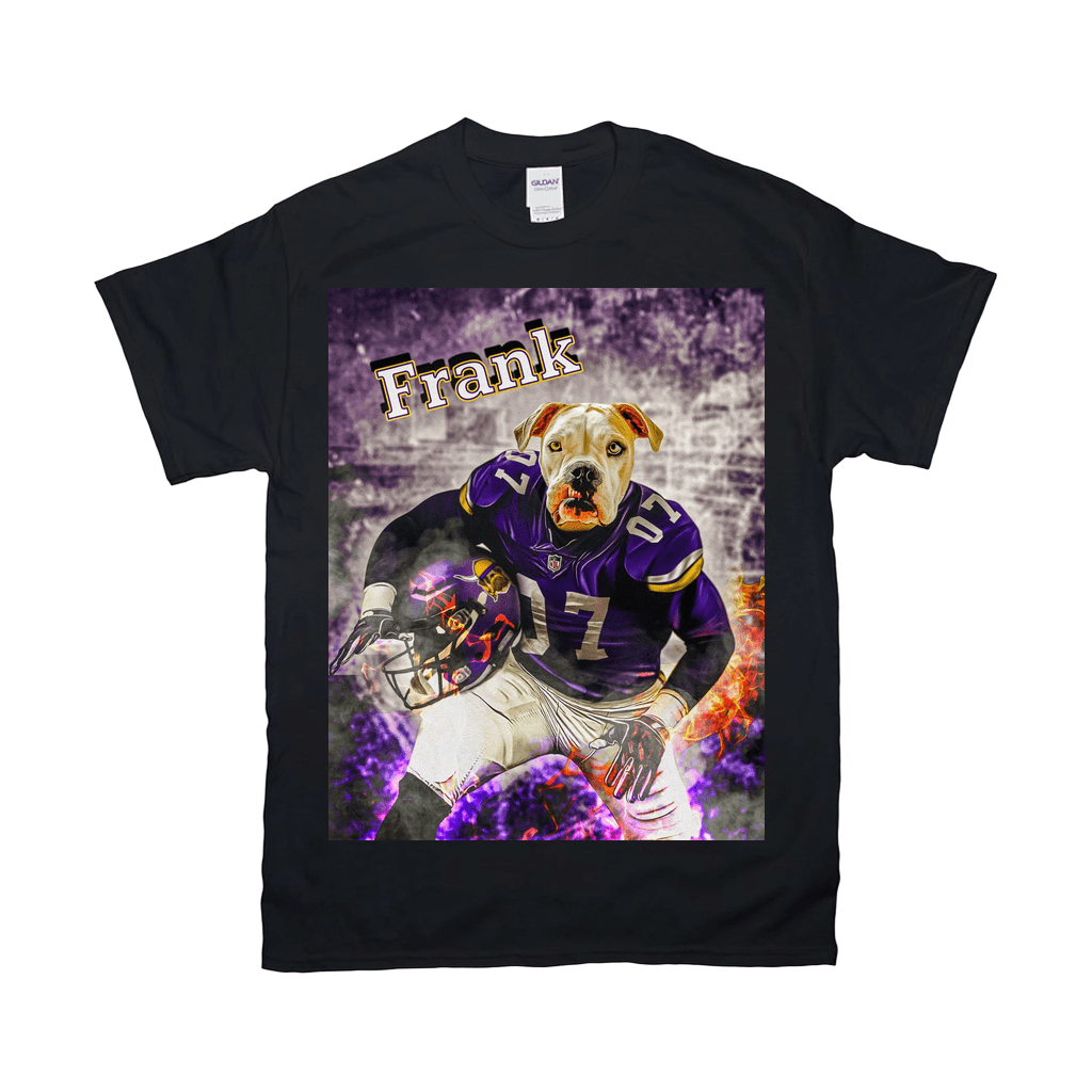 Black Gildan t-shirt with a personalized graphic of a bulldog in a purple football uniform, holding a helmet.