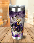 Personalized stainless steel tumbler with a custom dog portrait in a purple football uniform.