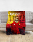 Personalized pet blanket with a border collie in a red and yellow soccer uniform, named DAVOR.