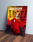 Personalized pet canvas featuring a Border Collie in a red and yellow Montenegro soccer jersey, named "DAVOR".