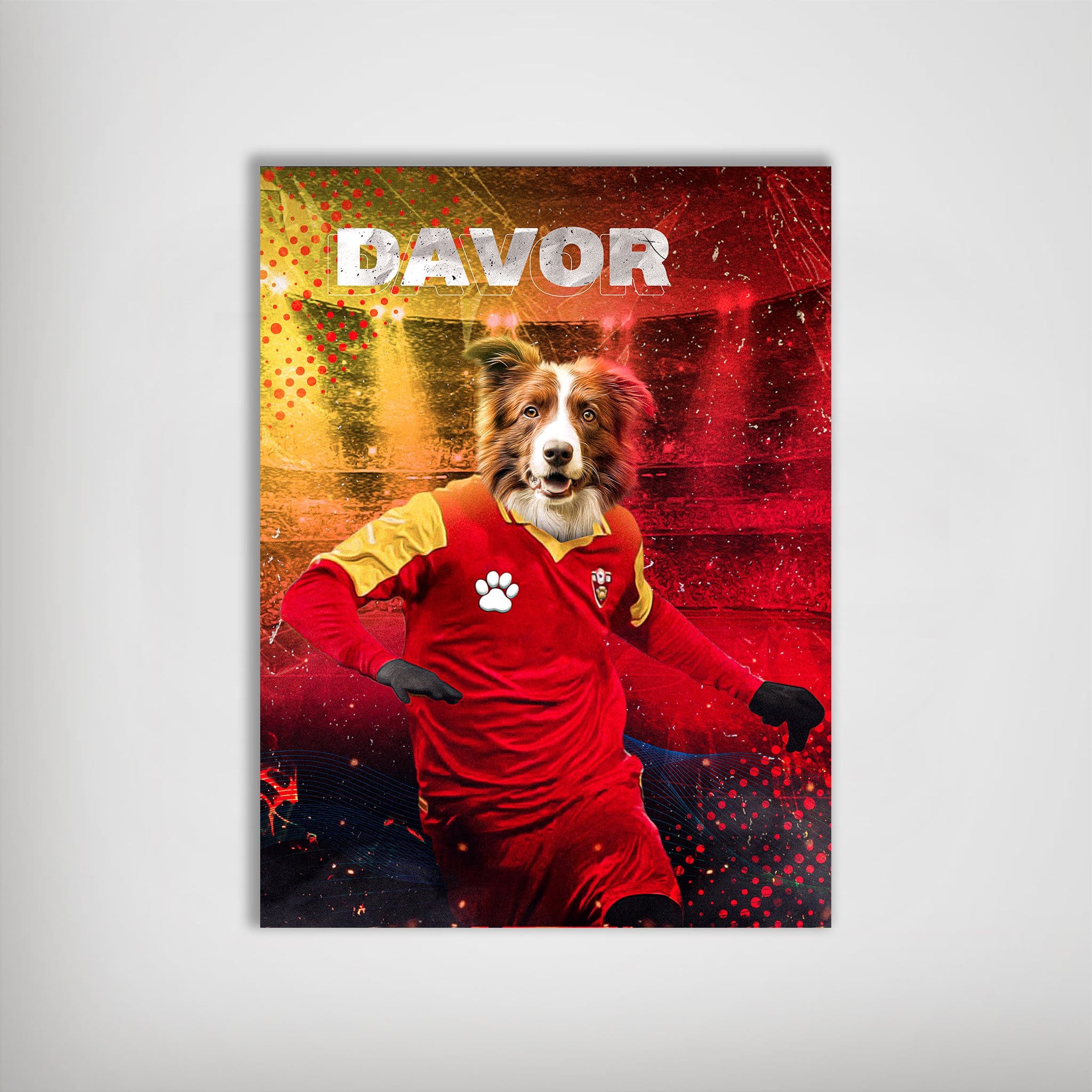 Personalized pet poster featuring a Border Collie in a red soccer jersey with a paw print logo, against a vibrant red and yellow background.