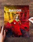 Personalized pet puzzle featuring a dog in a red soccer uniform with "DAVOR" above.