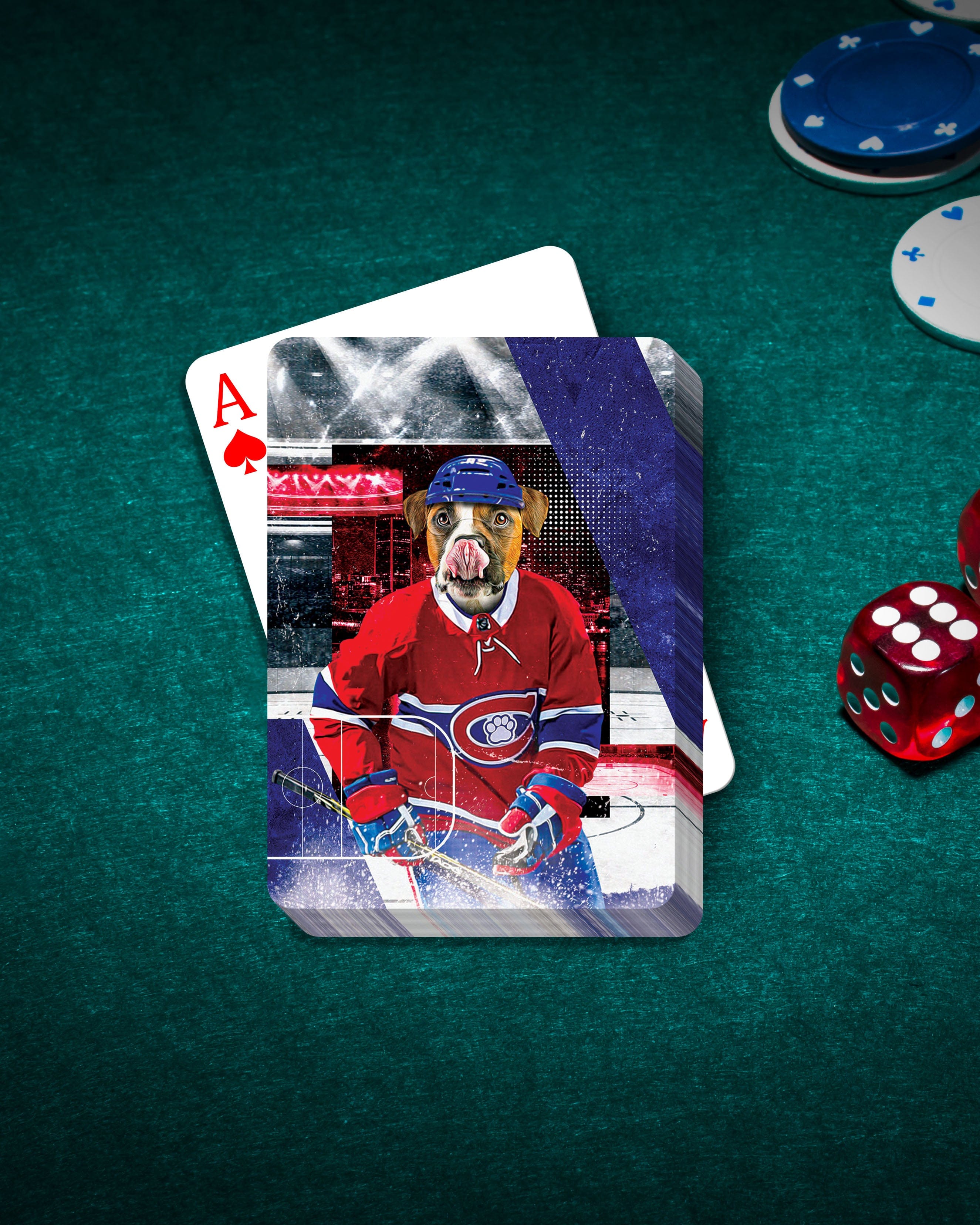 Custom pet portrait playing cards featuring a dog in a Montreal K9dians hockey uniform.