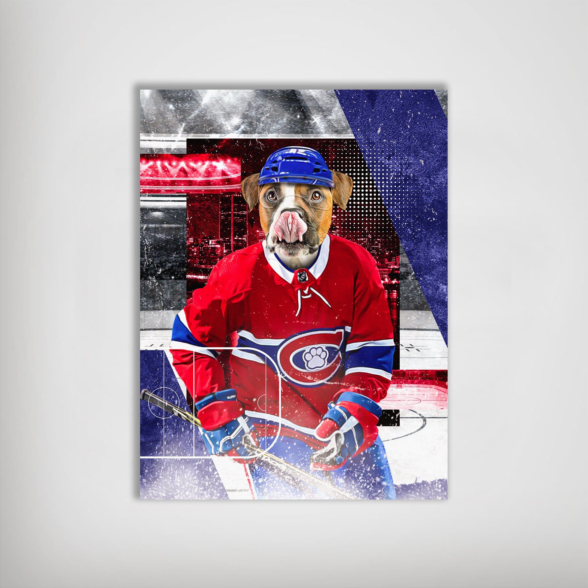 Personalized "Montreal K9dians" pet poster featuring a dog in a red hockey jersey and blue helmet.