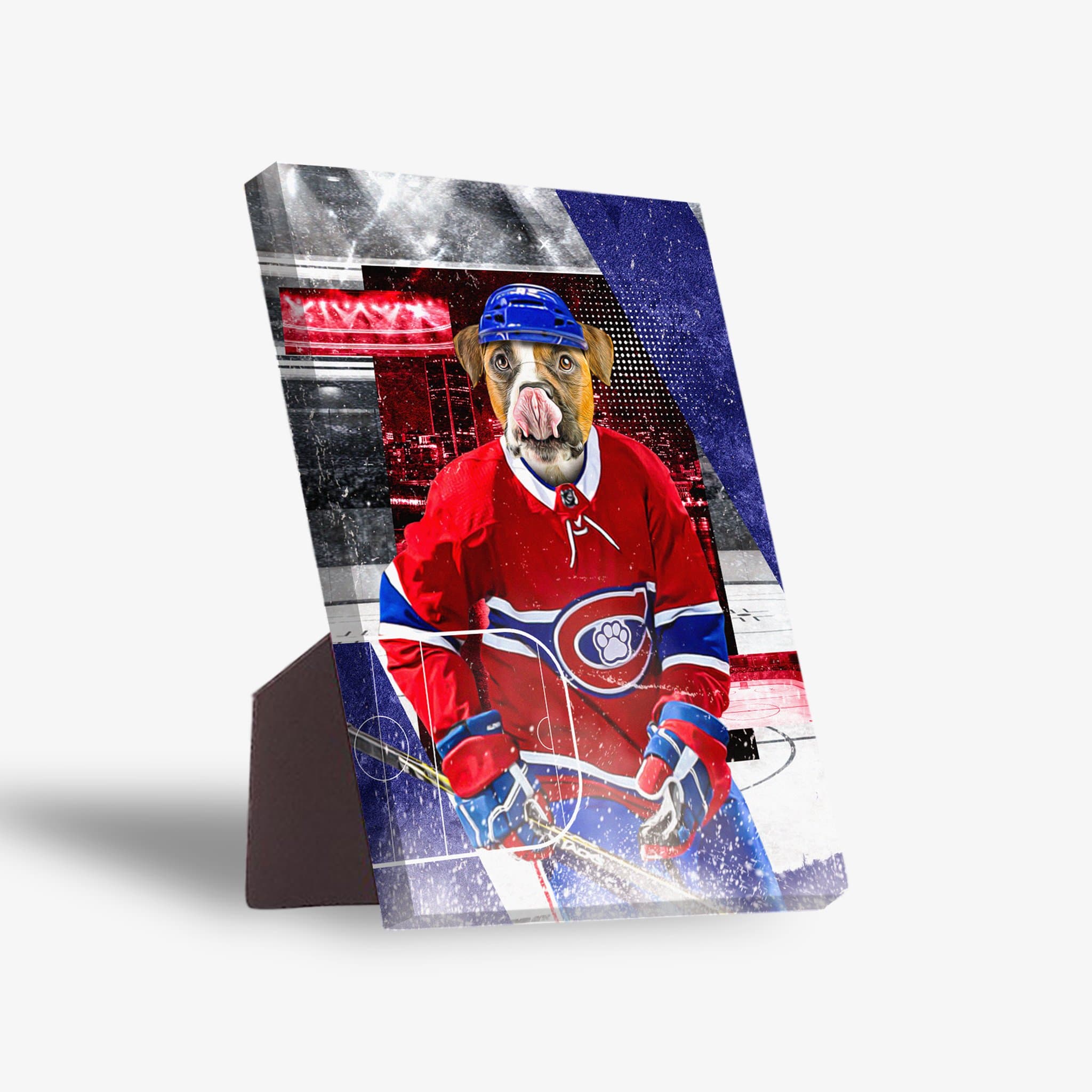 Personalized pet standing canvas featuring a dog in a red Montreal K9dians hockey jersey and blue helmet.
