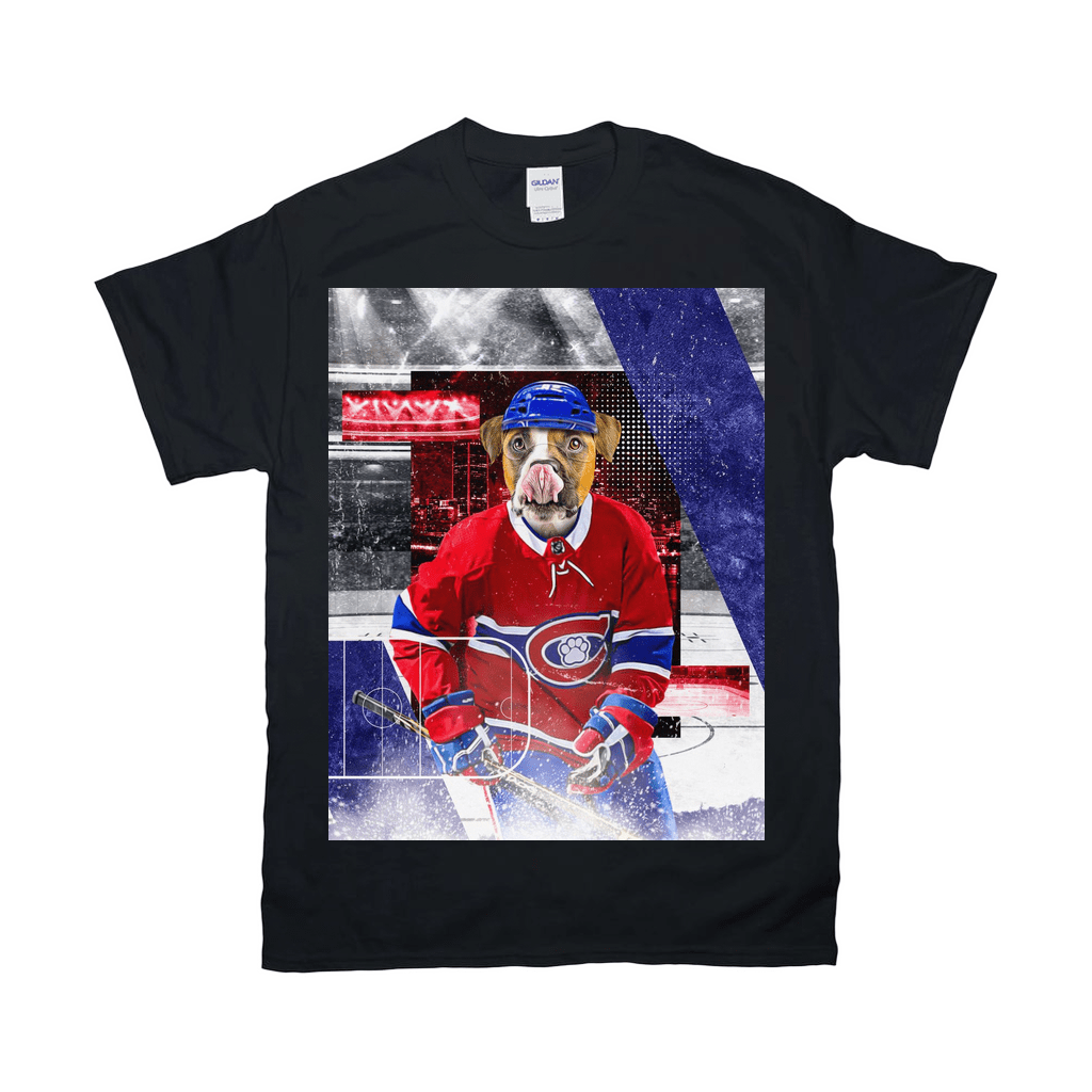 Black Gildan t-shirt with a personalized design of a dog in a Montreal Canadiens hockey uniform.