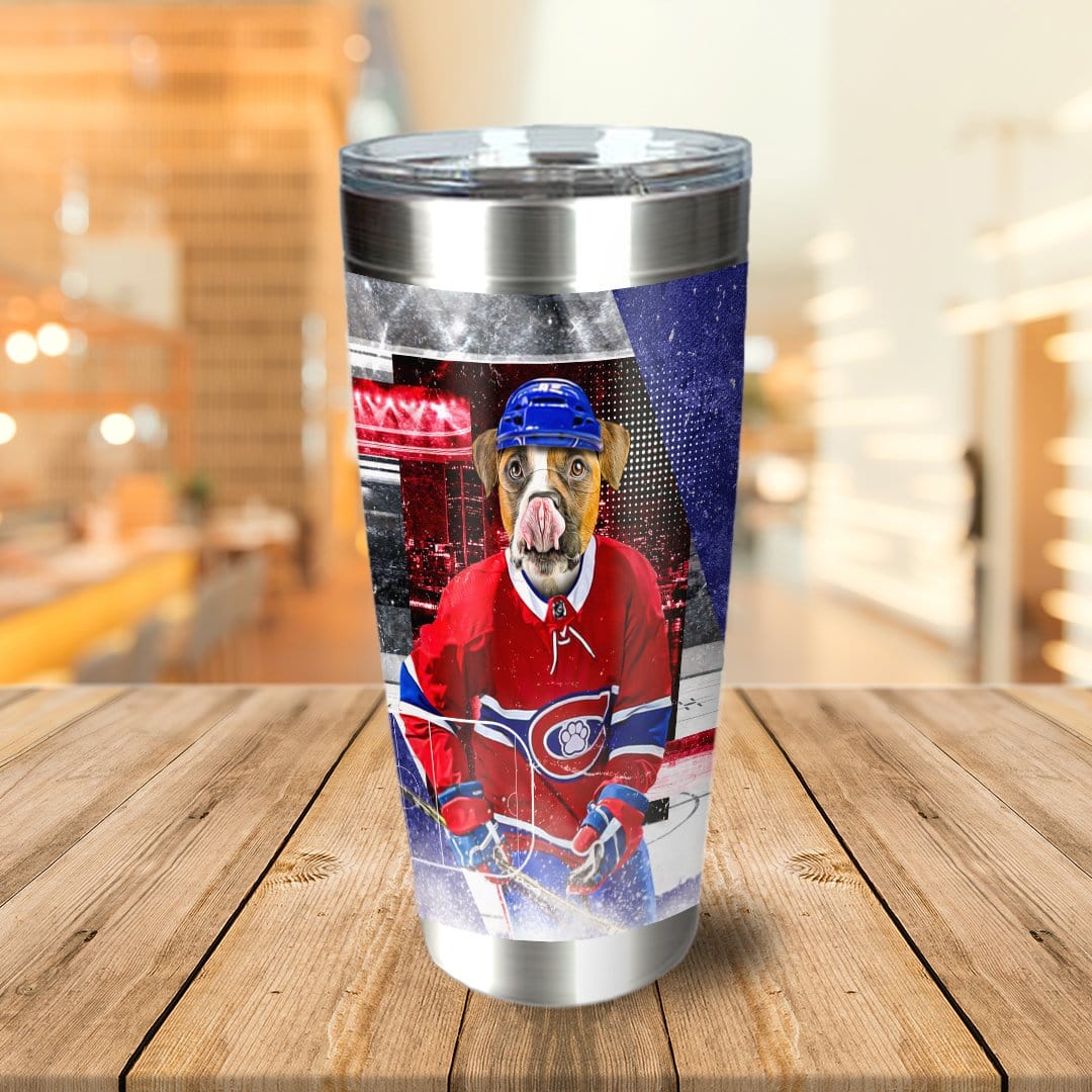 Personalized stainless steel tumbler with a dog in a Montreal Canadiens hockey uniform.