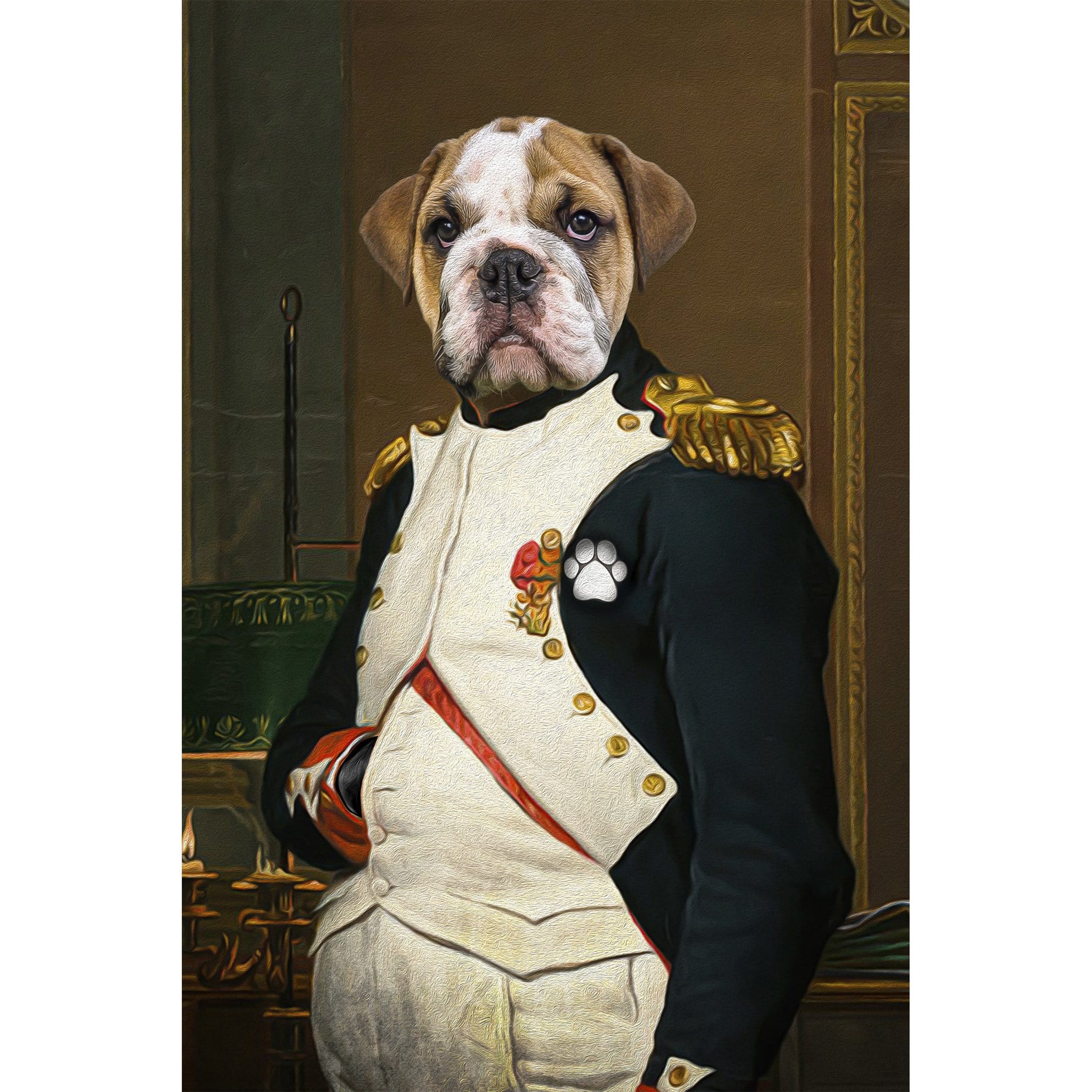 Personalized Napawleon digital portrait featuring a bulldog in a military uniform.