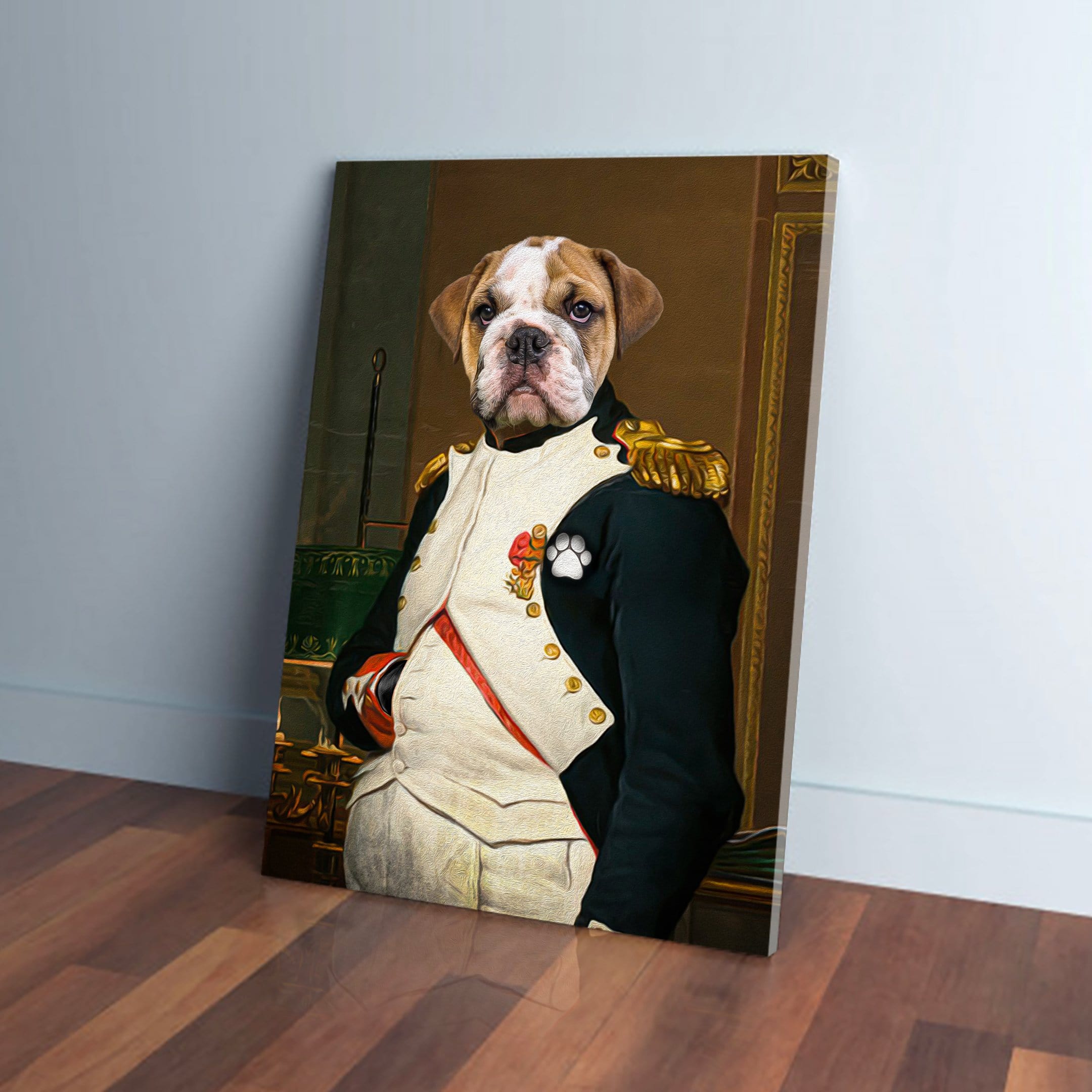 Custom 'Napawleon' pet canvas featuring a bulldog in a dark green and cream military uniform.