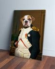 Custom 'Napawleon' pet canvas featuring a bulldog in a dark green and cream military uniform.