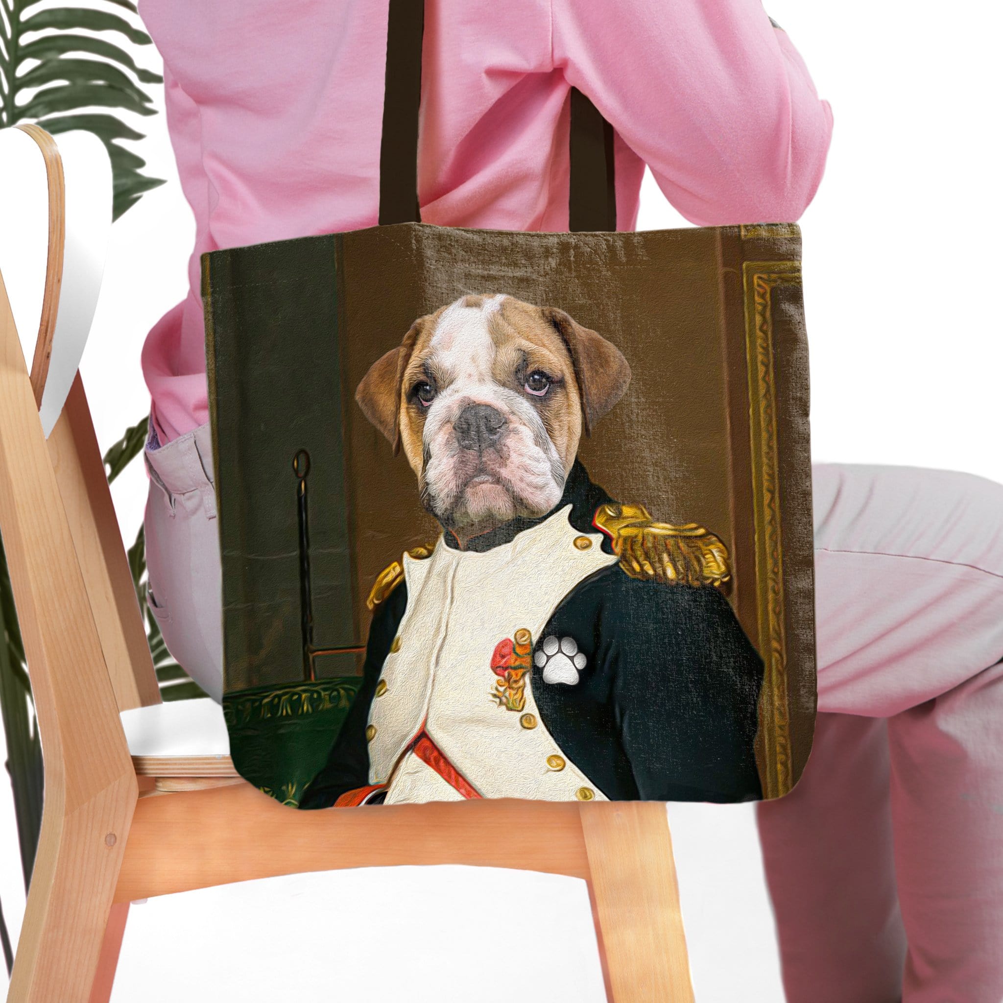Personalized tote bag with a custom renaissance portrait of a bulldog in a royal uniform.