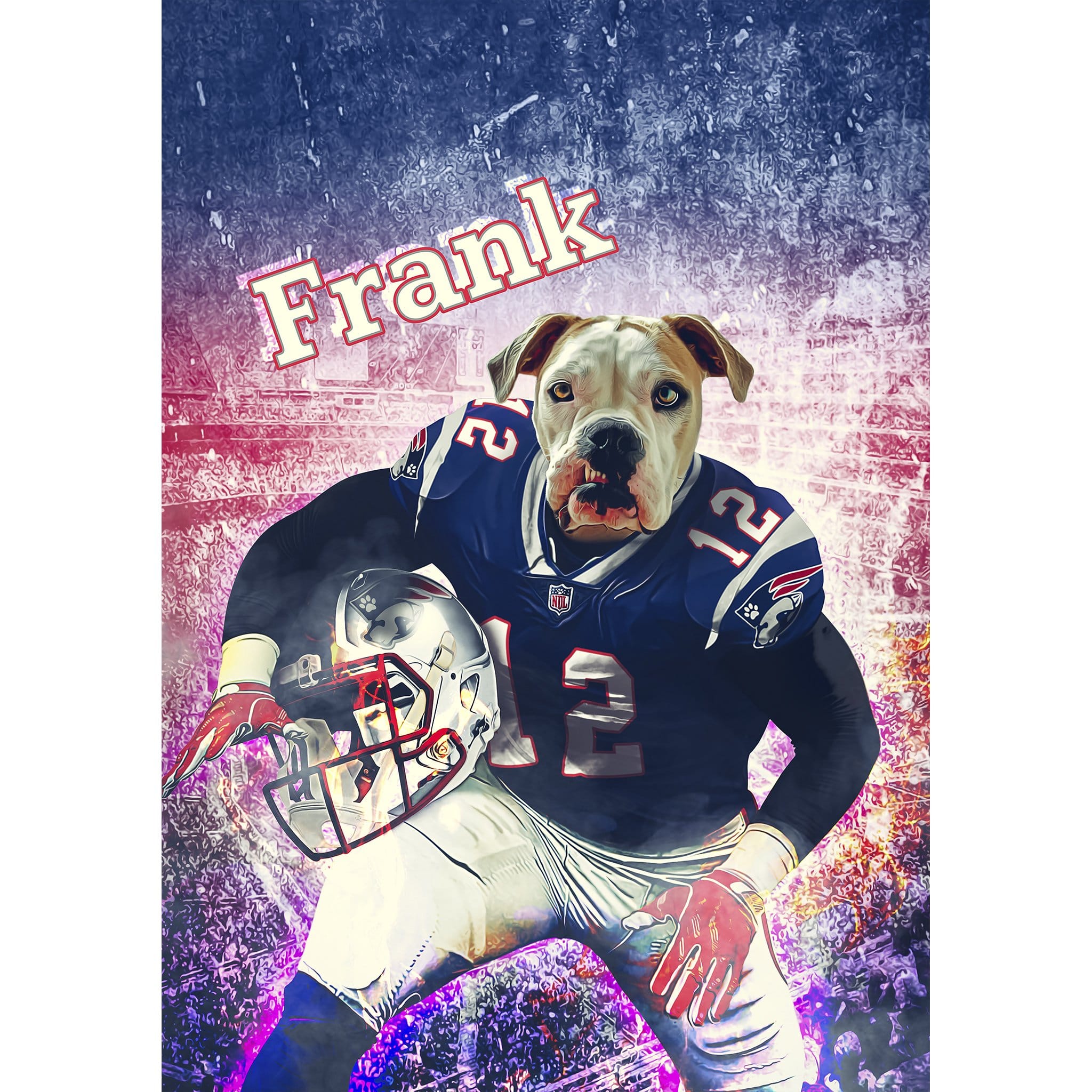 Personalized digital portrait of a bulldog's head on a football player's body, named Frank.