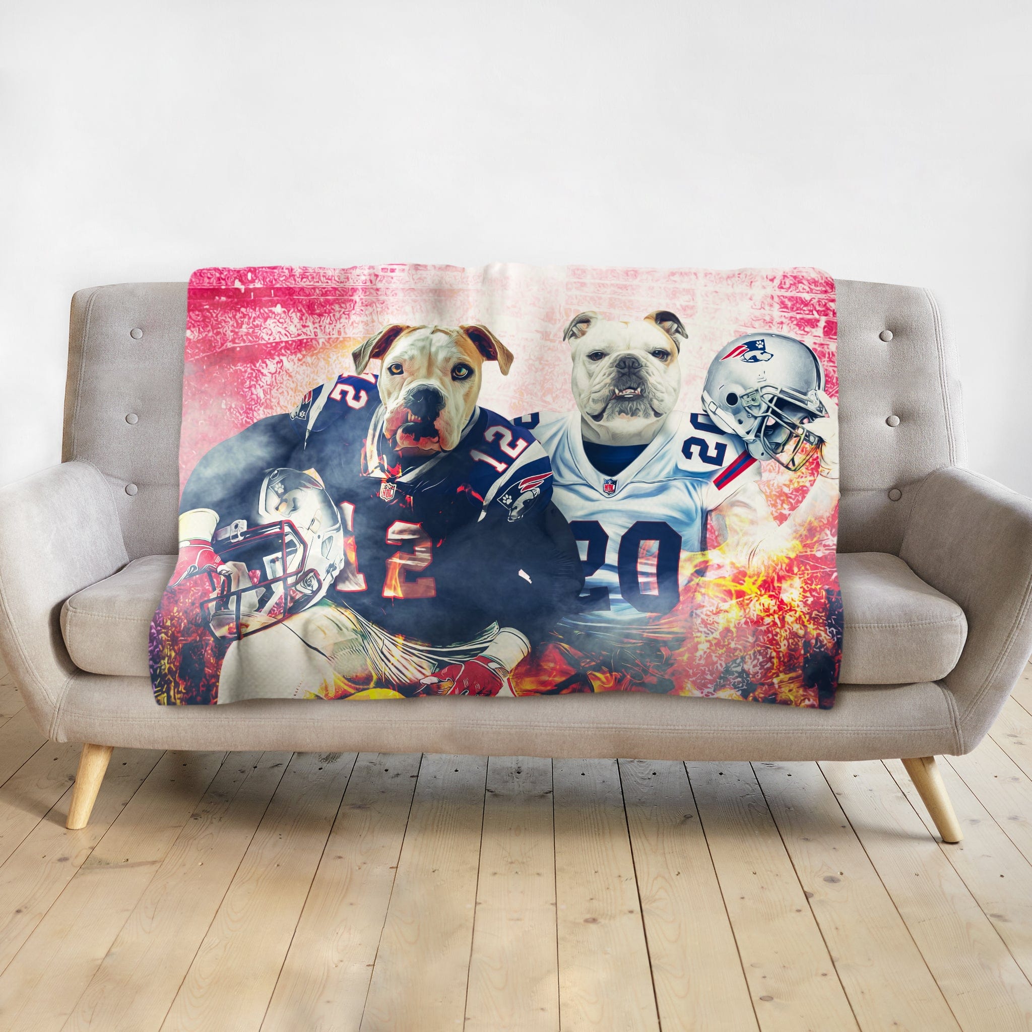 Personalized pet blanket with two dogs in New England Patriots football uniforms.