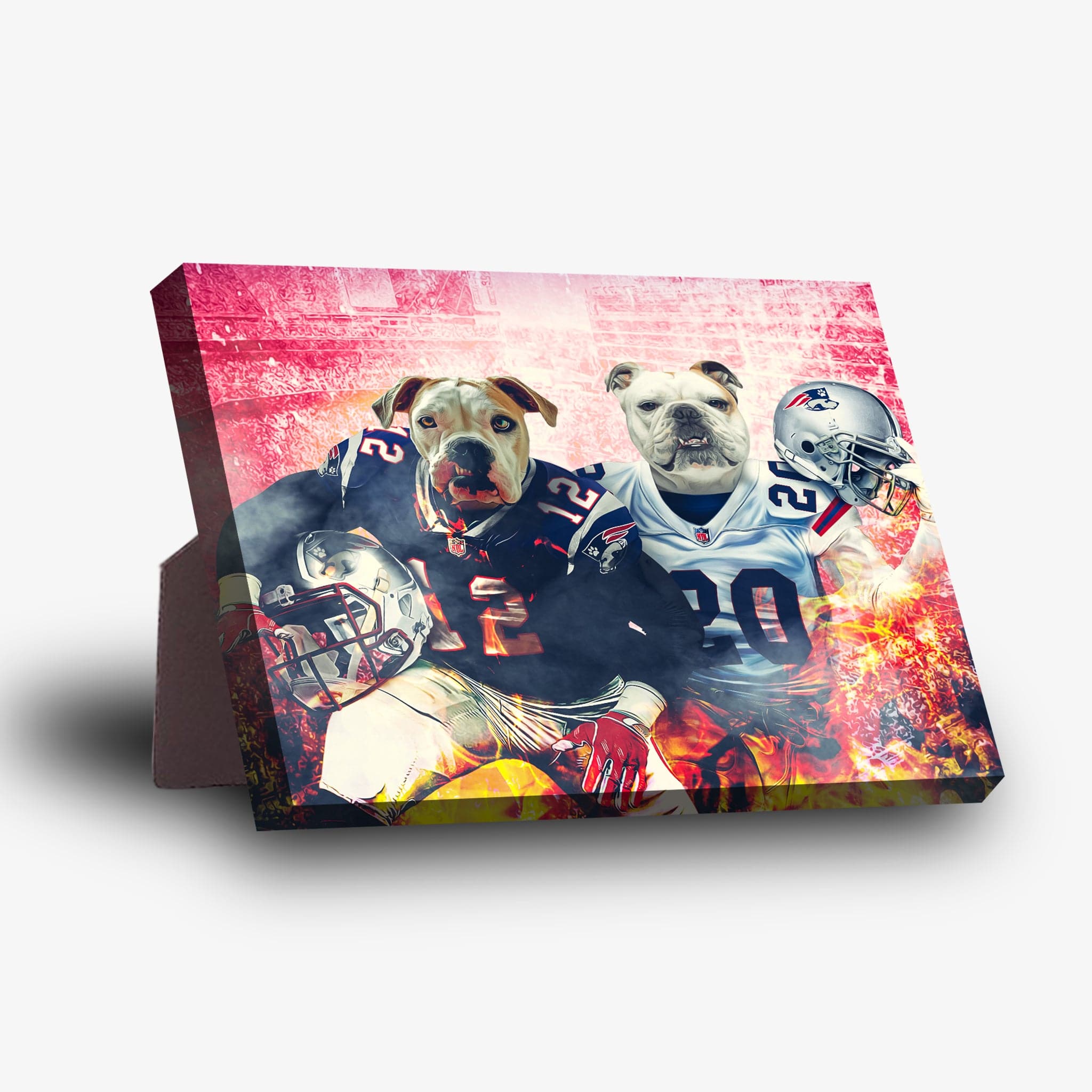 Personalized 2-pet standing canvas featuring dogs in New England Patriots football uniforms.