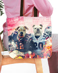 Personalized tote bag featuring two bulldog pet portraits in New England Patriots football uniforms.