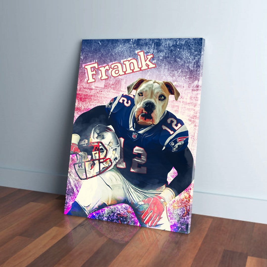 Personalized canvas featuring a bulldog in a New England Patriots uniform, holding a helmet, with "Frank" above.