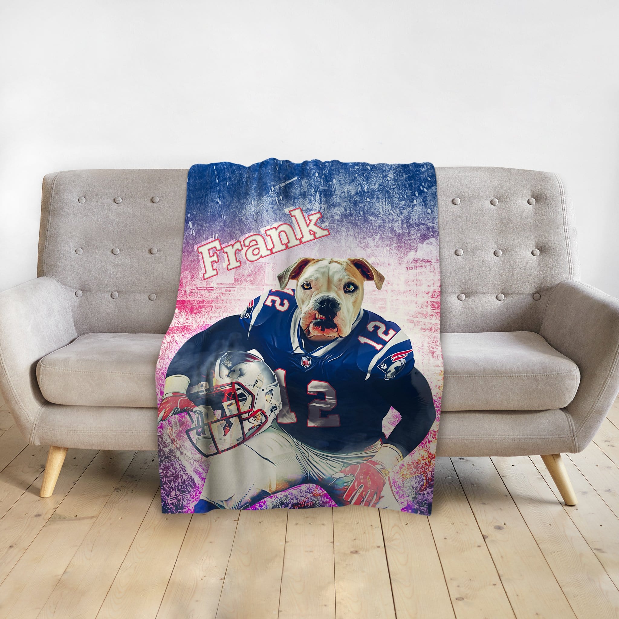 Personalized pet blanket with a Doggovinci portrait of a bulldog in a Patriots football uniform.