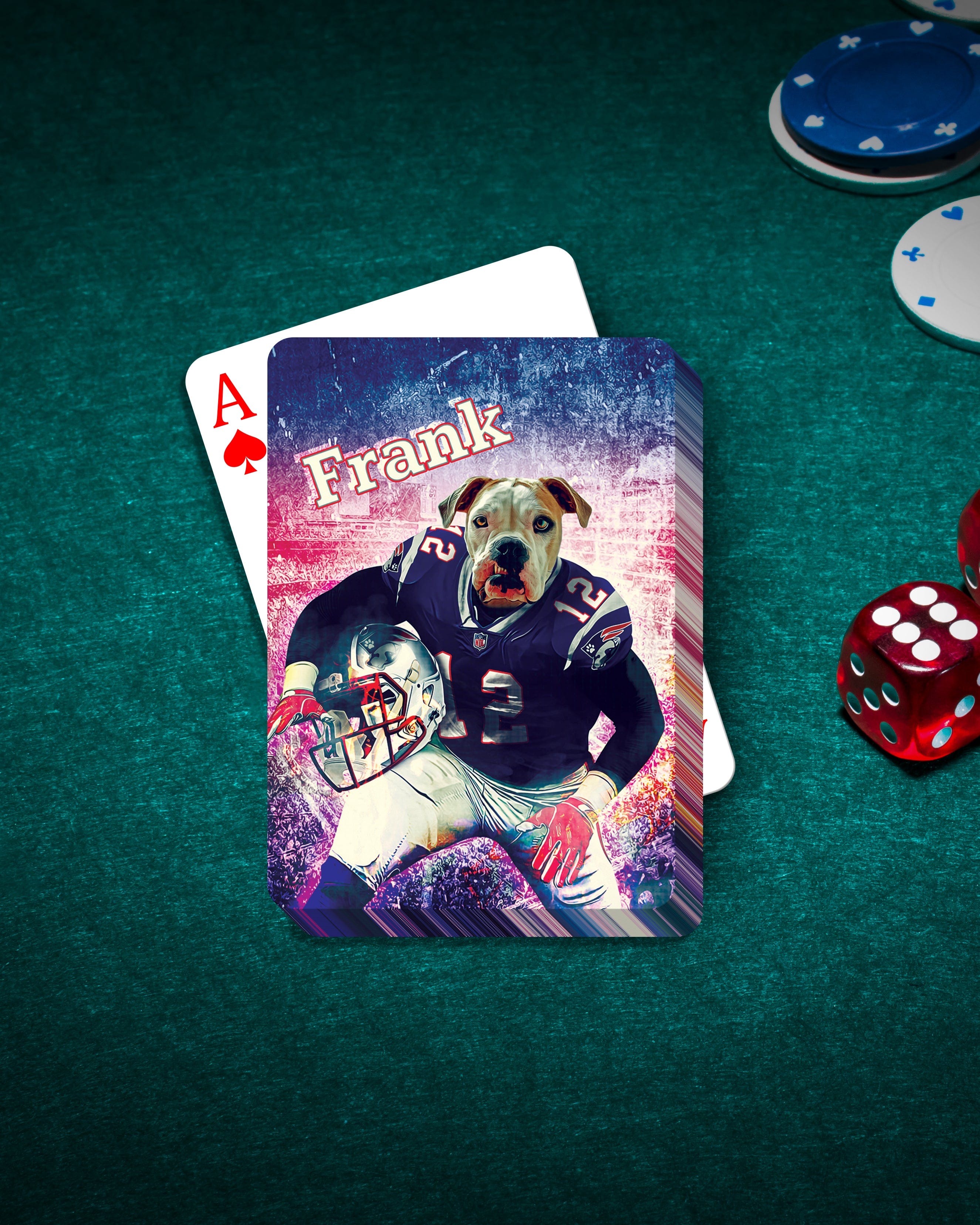 Custom personalized playing card featuring a dog in a New England Patriots football uniform, named "Frank.