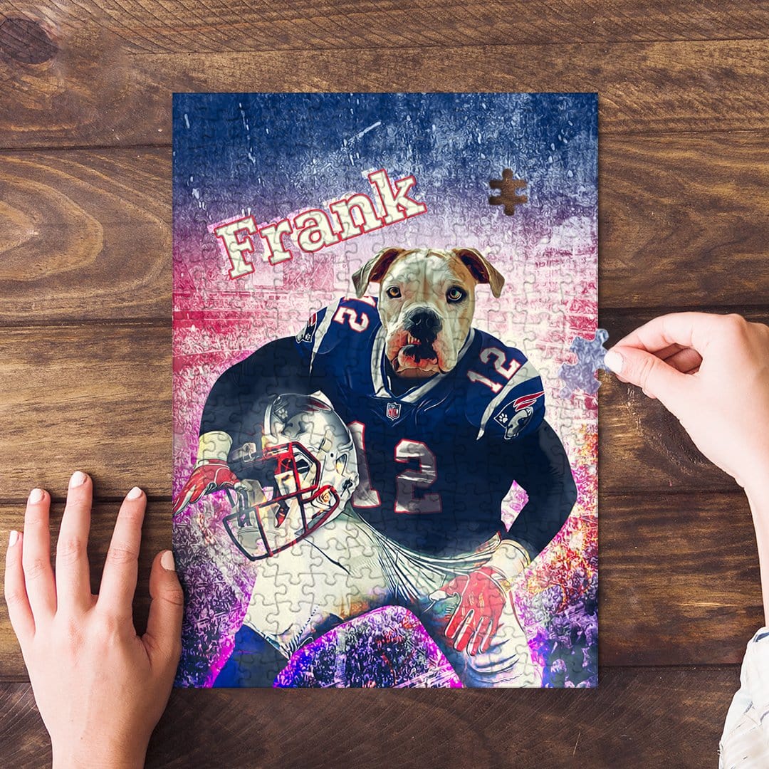 Personalized pet puzzle featuring a bulldog's head on a football player's body, named Frank.