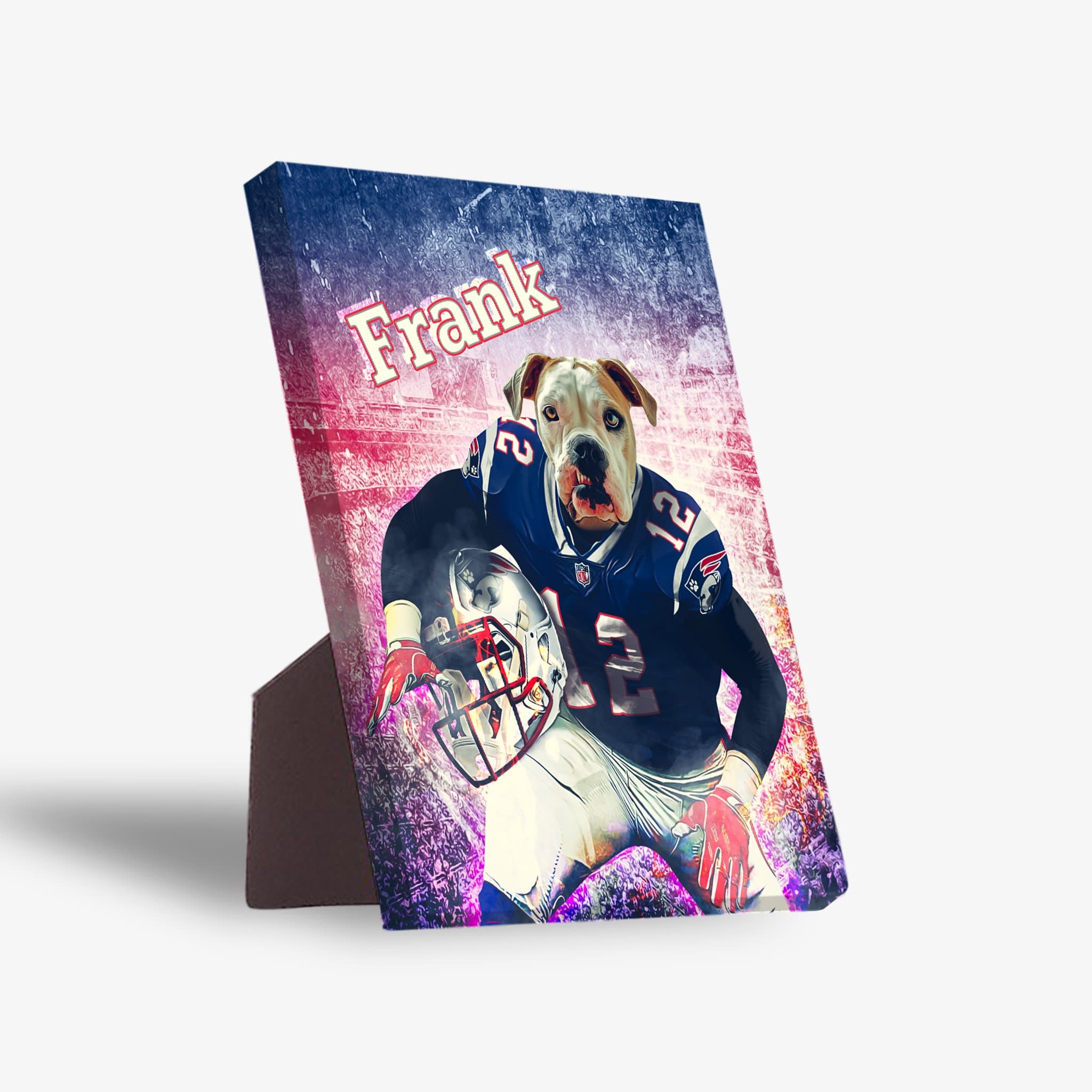 Personalized "New England Doggos" standing canvas featuring a dog's head on a football player's body.