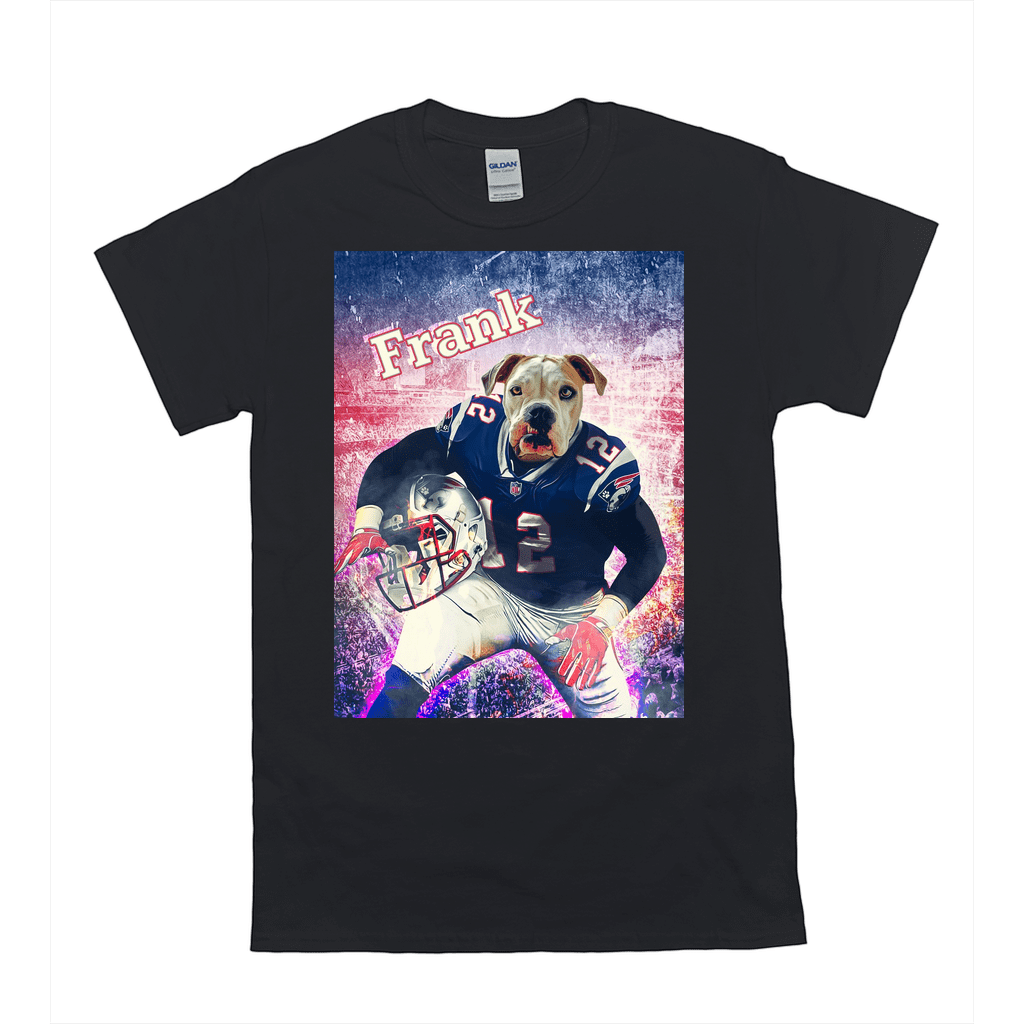 Black Gildan t-shirt with a personalized graphic of a dog in a Patriots football uniform holding a helmet.