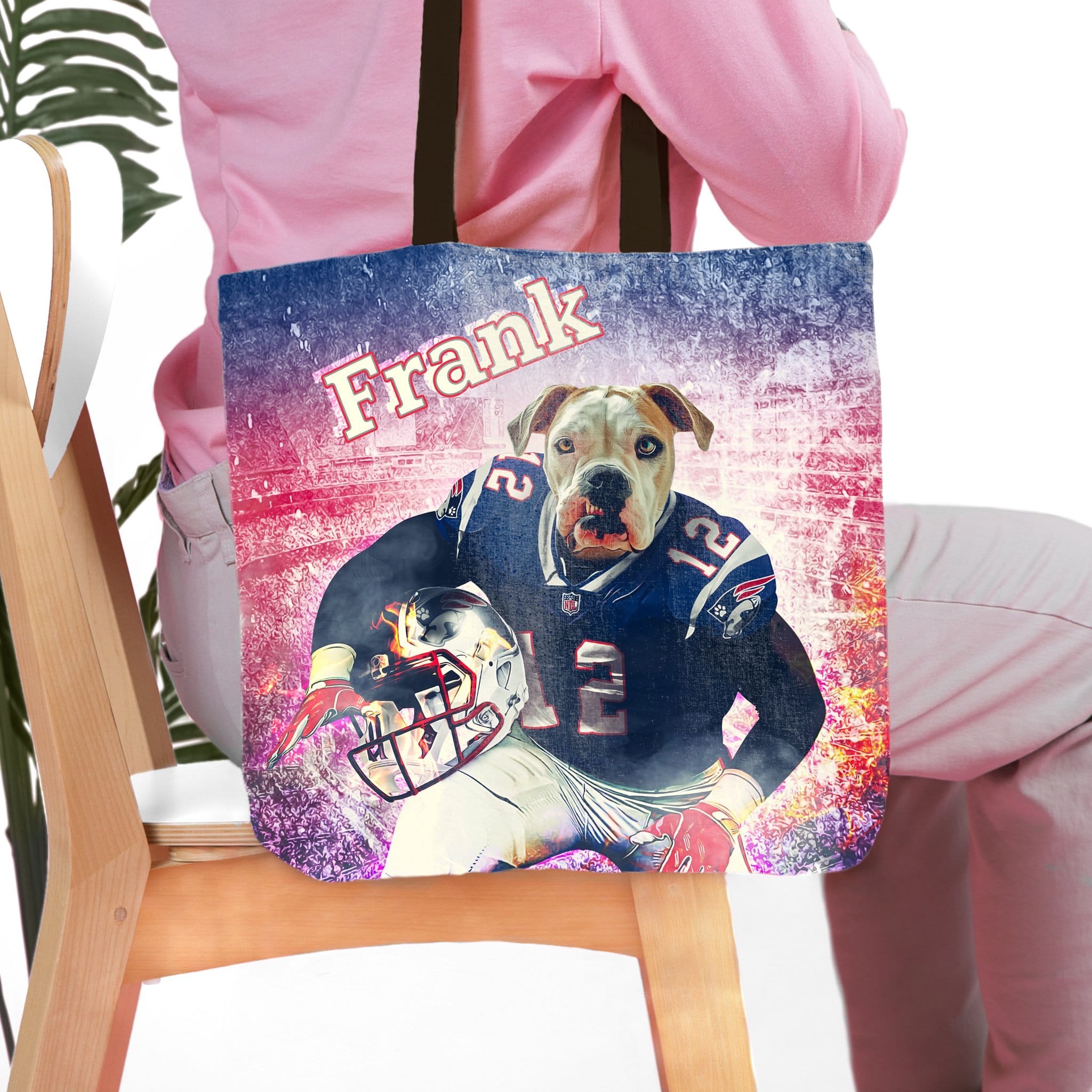 Personalized New England Doggos tote bag with a custom dog portrait in a football uniform.
