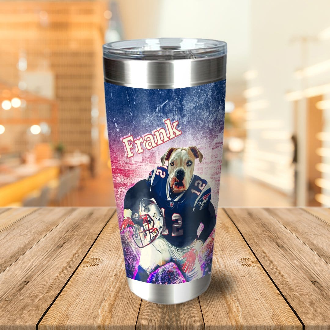 Personalized stainless steel tumbler with a dog in a New England Patriots football uniform.