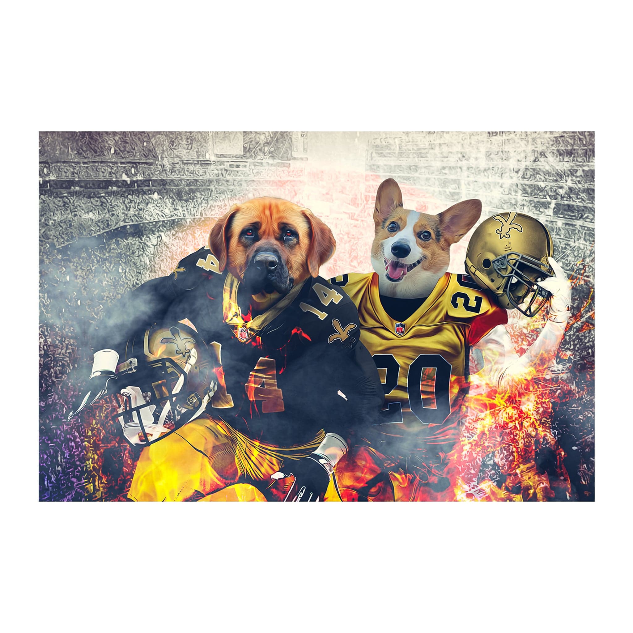 Personalized digital portrait of two dogs in New Orleans Saints football uniforms.