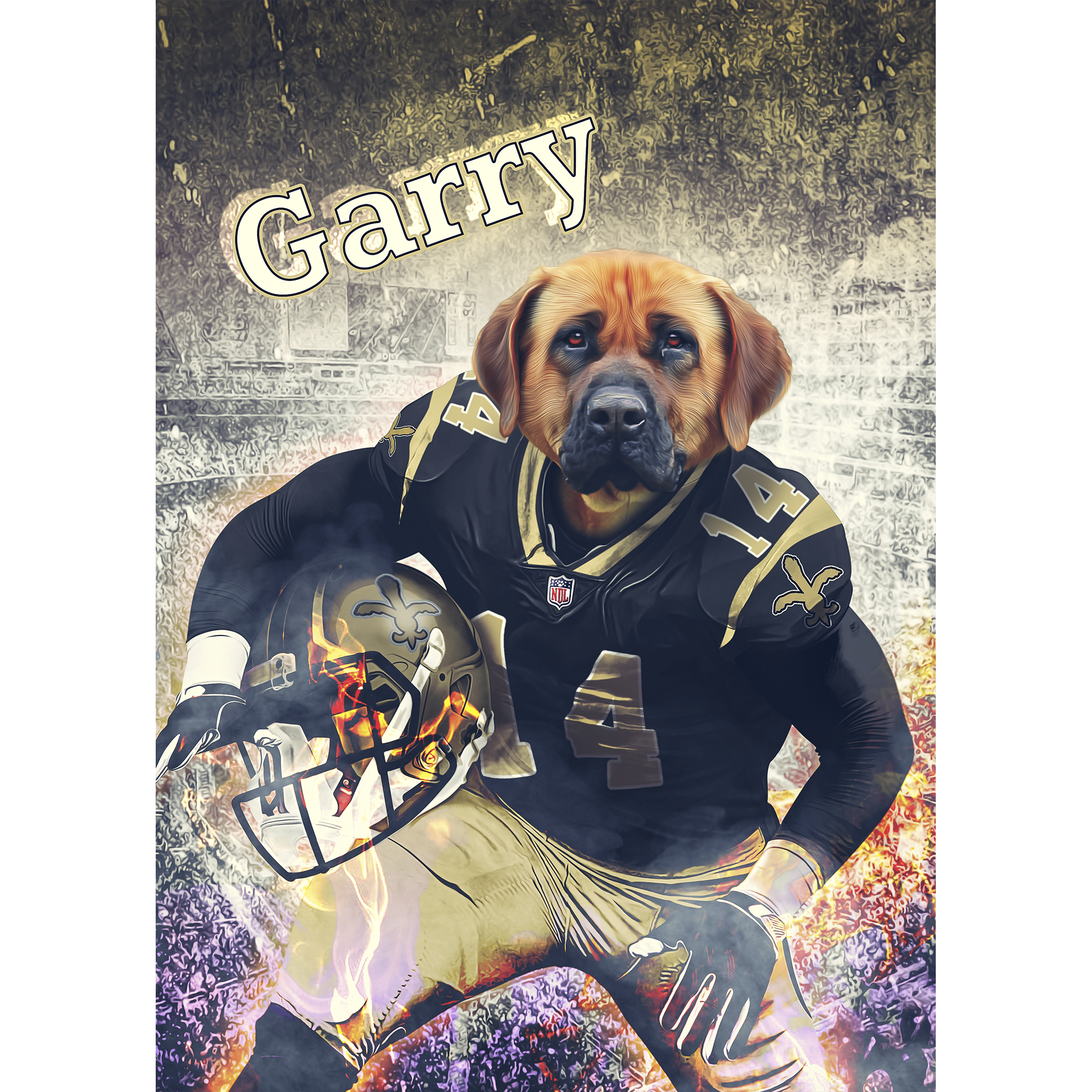 Personalized digital portrait of a dog in a New Orleans Saints football uniform with "Garry" above.