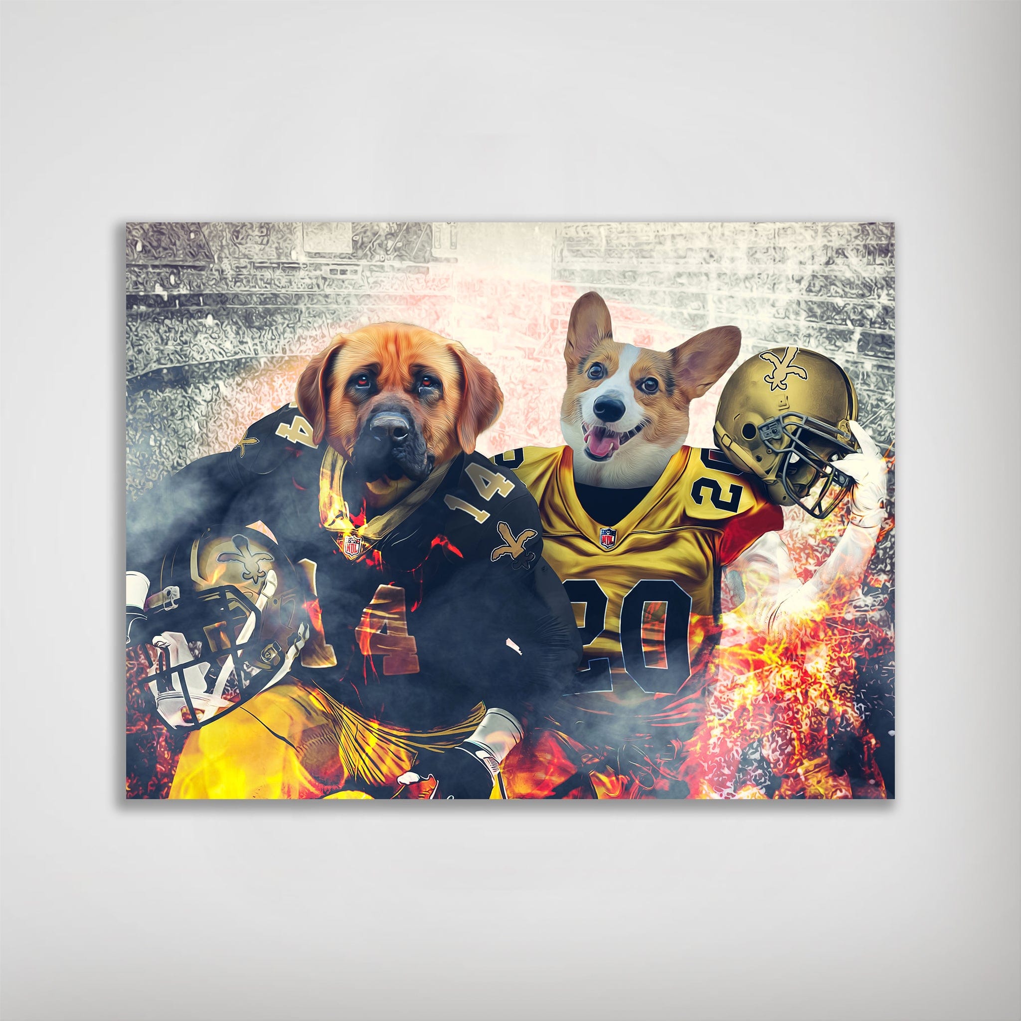 Personalized matte poster featuring two pets as New Orleans Saints football players in gold and black uniforms.