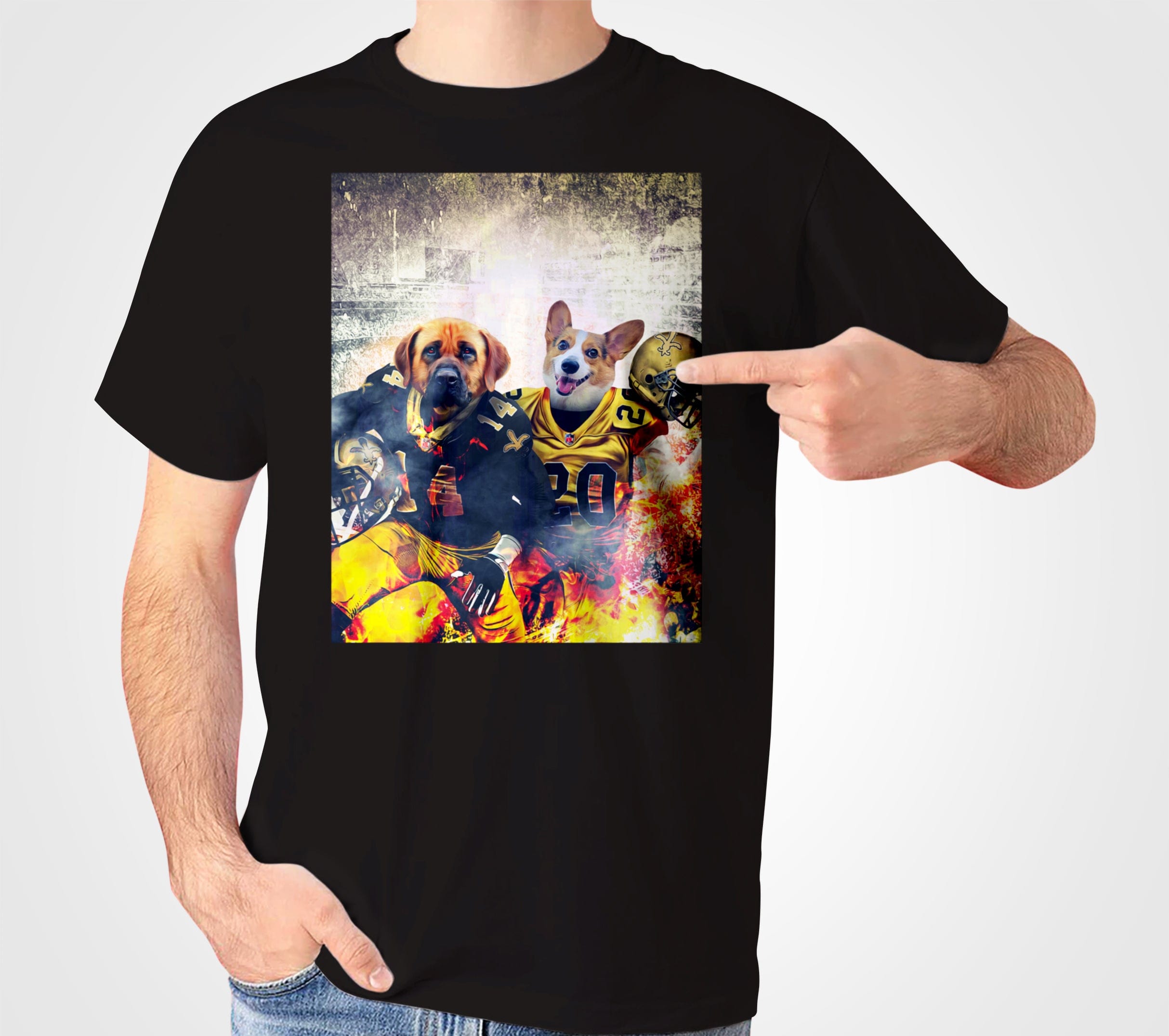 Black Gildan t-shirt with a personalized graphic of two dogs in football uniforms, surrounded by flames.