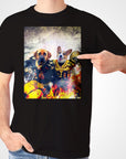 Black Gildan t-shirt with a personalized graphic of two dogs in football uniforms, surrounded by flames.