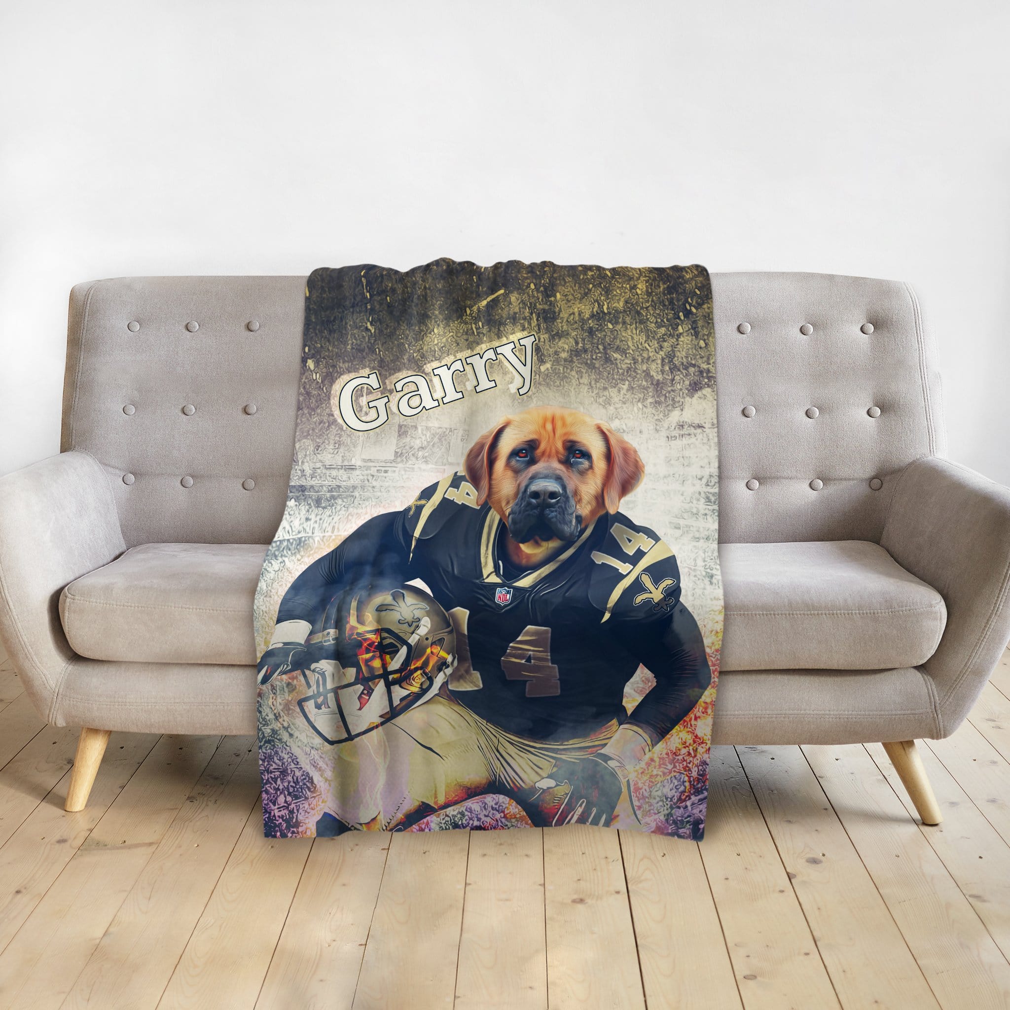 Personalized pet blanket with a dog portrait in a football uniform, named "Garry".