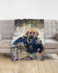 Personalized pet blanket with a dog portrait in a football uniform, named "Garry".