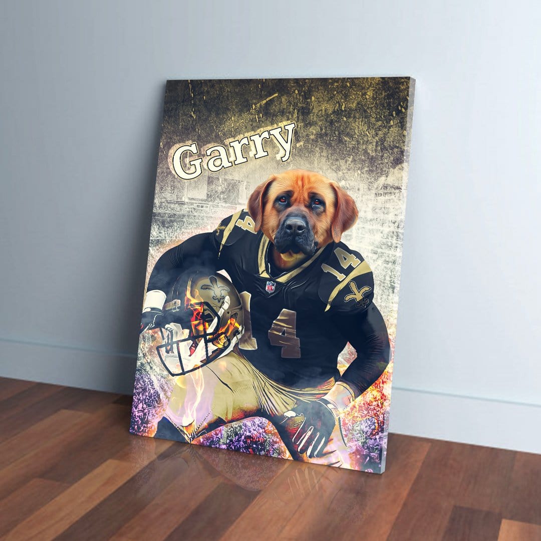 Personalized pet canvas featuring a dog in a black football uniform holding a helmet, named "Garry".