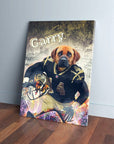 Personalized pet canvas featuring a dog in a black football uniform holding a helmet, named "Garry".