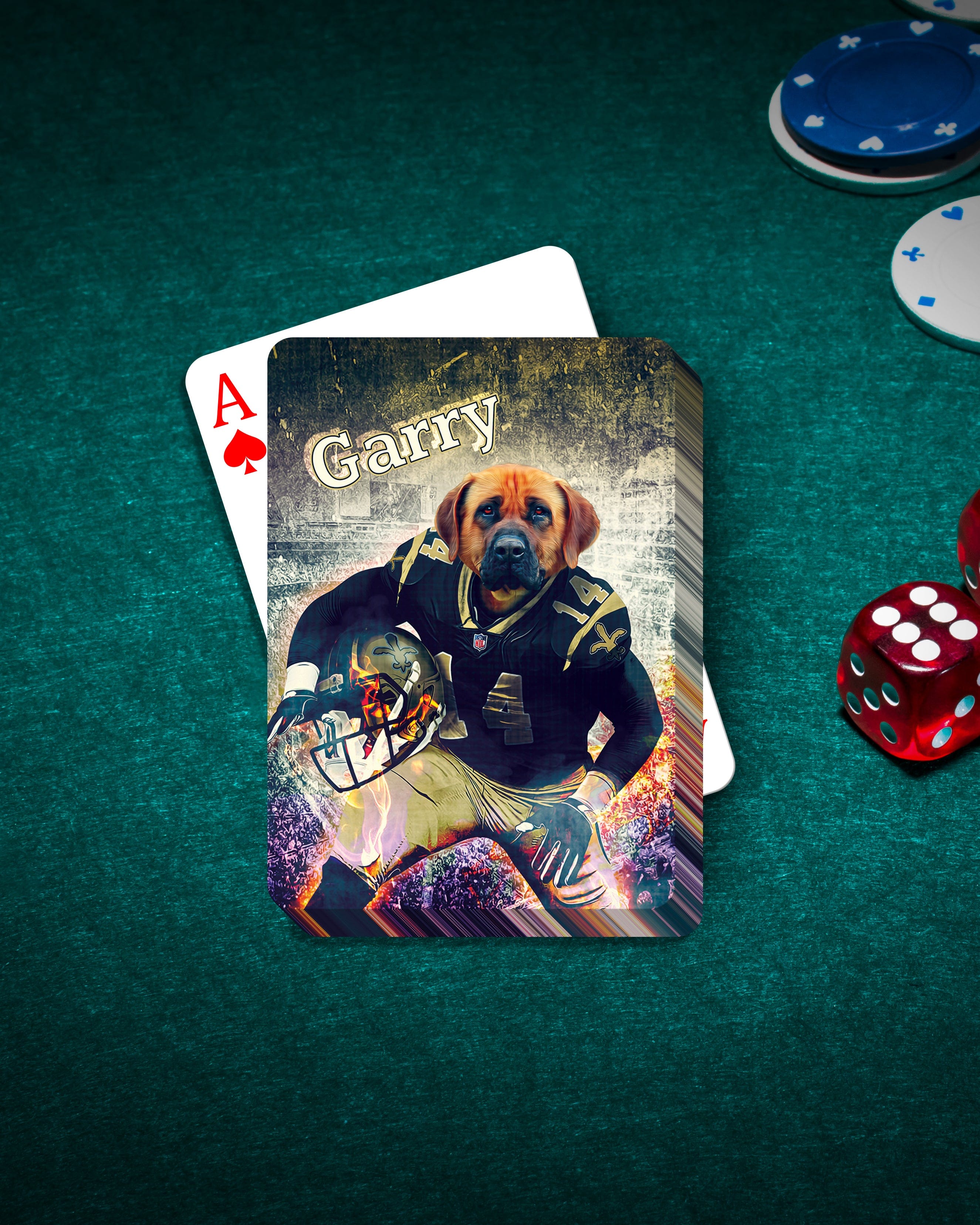 Personalized pet playing card featuring a dog's head on a football player's body, "Garry" text, on a green felt table.