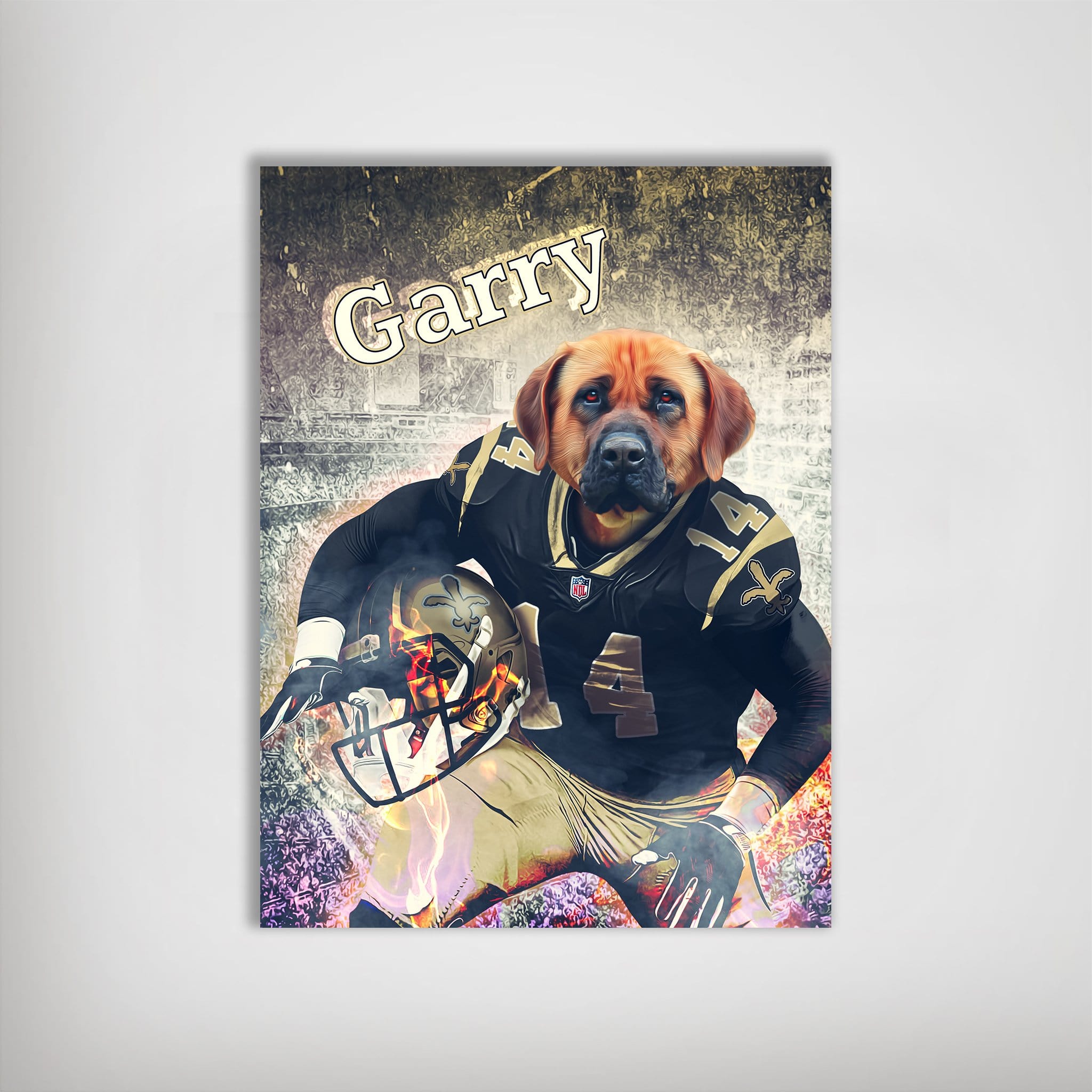 Personalized matte poster featuring a dog in a black and gold New Orleans Saints football uniform, holding a helmet.