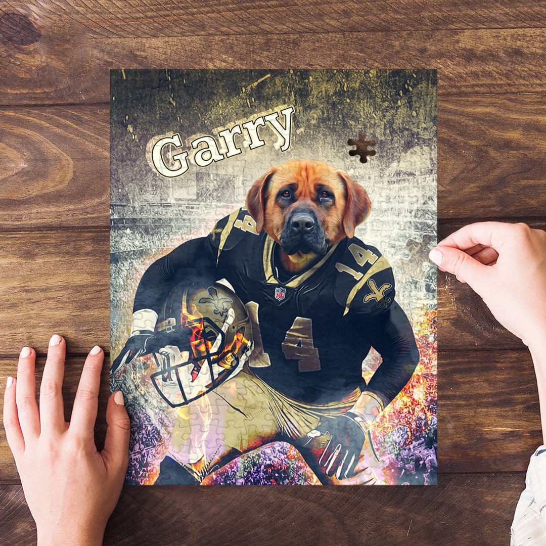 Personalized pet puzzle featuring a dog in a New Orleans Saints football uniform, with "Garry" text.
